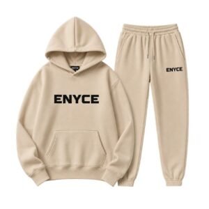 Enyce Beige Tracksuit front view in a neutral beige color with a modern streetwear design