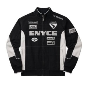 Enyce Black Racing Jacket front view with a bold motorsport-inspired streetwear design