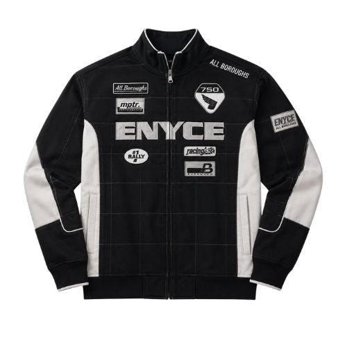 Enyce Black Racing Jacket Enyce Black Racing Jacket front view with a bold motorsport-inspired streetwear design