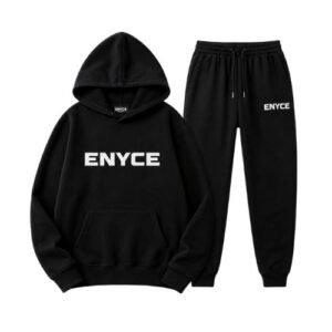Enyce Black Tracksuit front view in classic black with a modern streetwear design