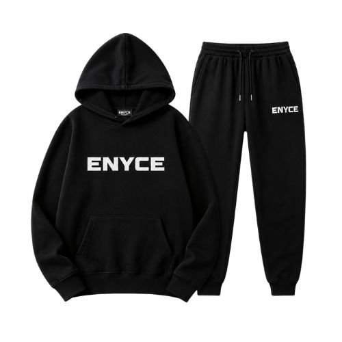 Enyce Black Tracksuit Enyce Black Tracksuit front view in classic black with a modern streetwear design