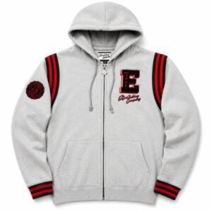 enyce light gray zip-up hoodie with varsity stripes embroidered E crest sporty collegiate style