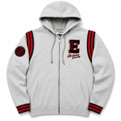 Enyce Light Gray Zip-up Hoodie enyce light gray zip-up hoodie with varsity stripes embroidered E crest sporty collegiate style