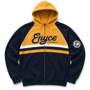 Enyce Navy and Mustard Zip-Up Hoodie with hood logo chest stripes sporty retro style