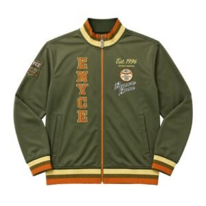 Enyce Olive Green Racing Jacket front view with a bold motorsport-inspired streetwear design