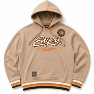 tan enyce pullover hoodie with chest logo kangaroo pocket and striped sleeves